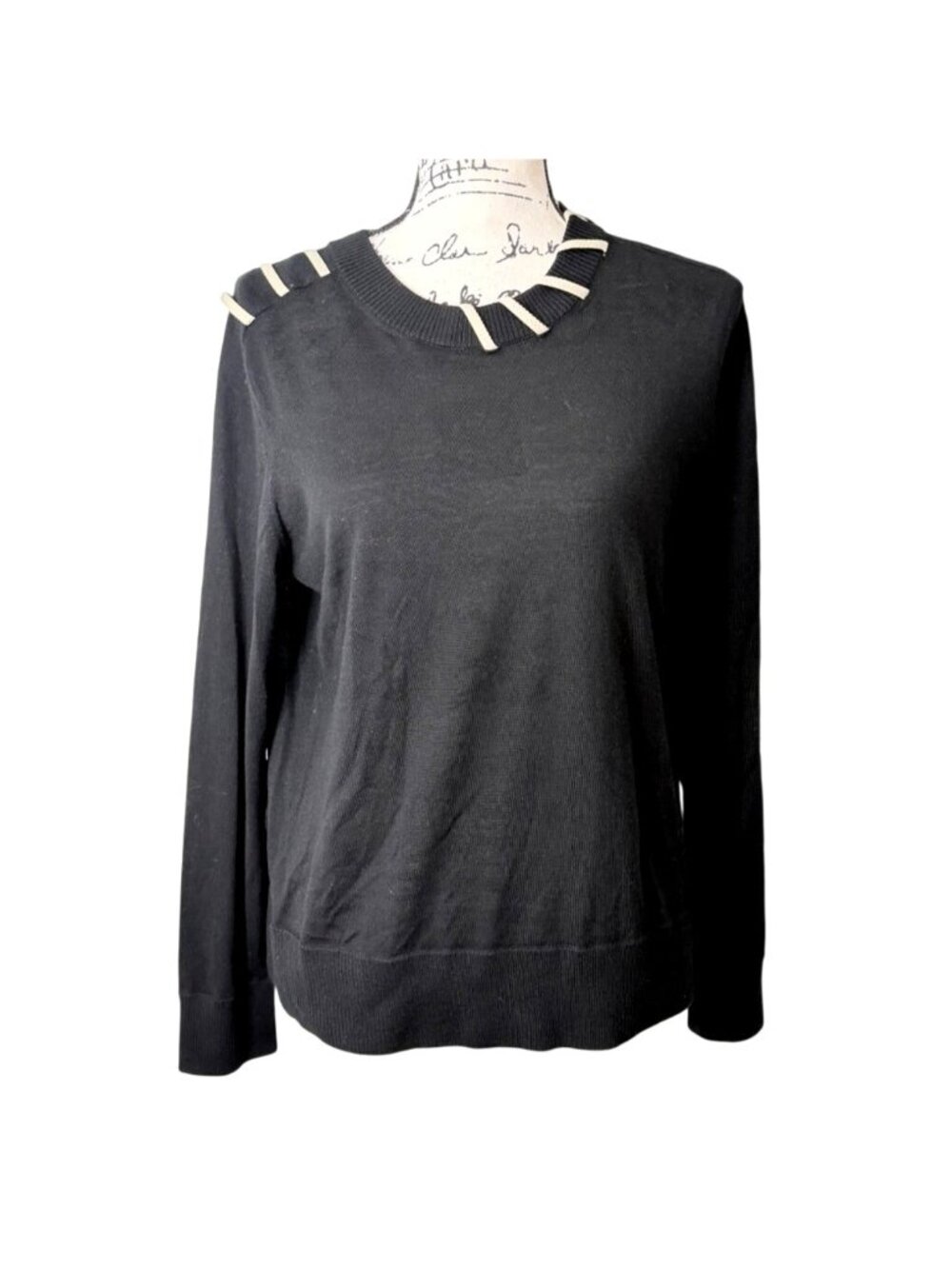 Akris Womens Size 4 Sweater Virgin Wool Black Beige-Stripe-Neckline Long Sleeves